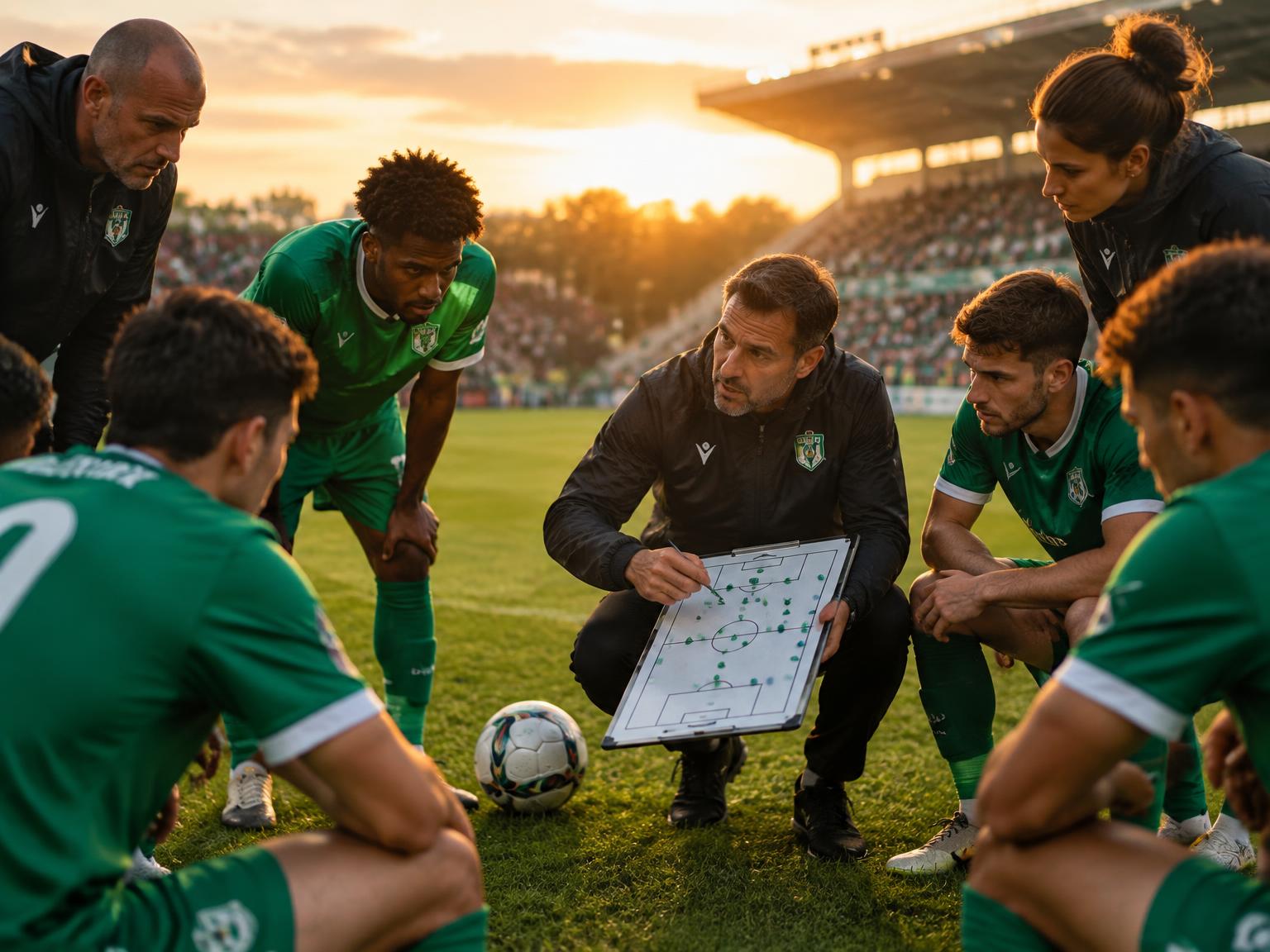 Cuerpo técnico conversando la estrategia con jugadores en la cancha